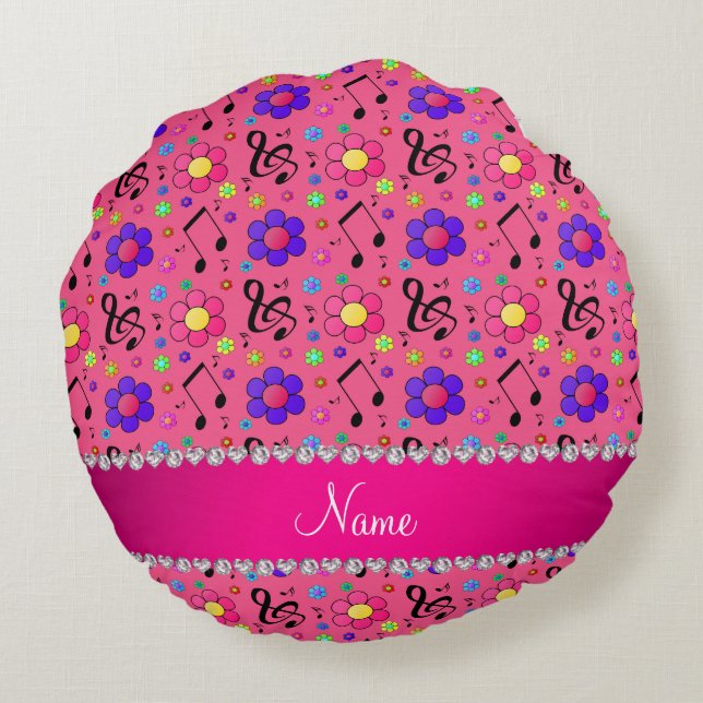 Personalised name pink music notes flowers round cushion (Back)