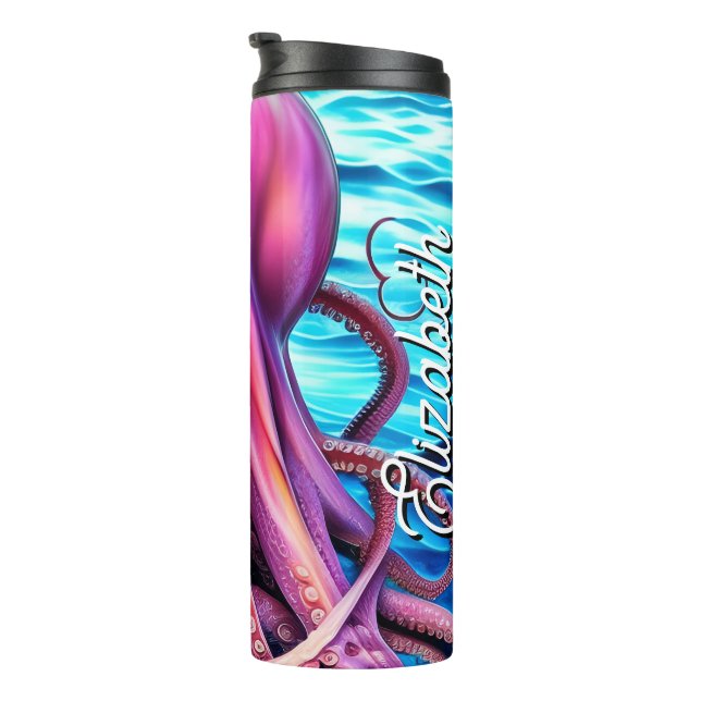 Personalised Name Pink Octopus Blue Ocean Wave Thermal Tumbler (Rotated Right)