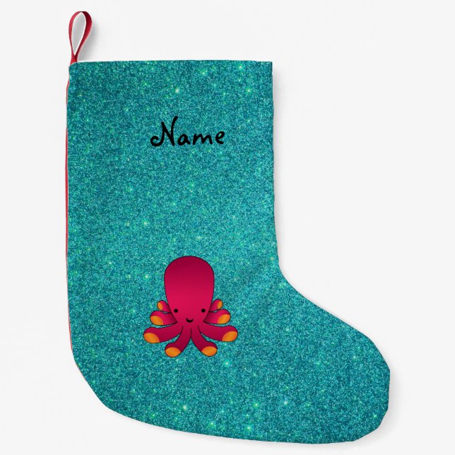 Personalised name pink octopus turquoise glitter small christmas stocking (Front)