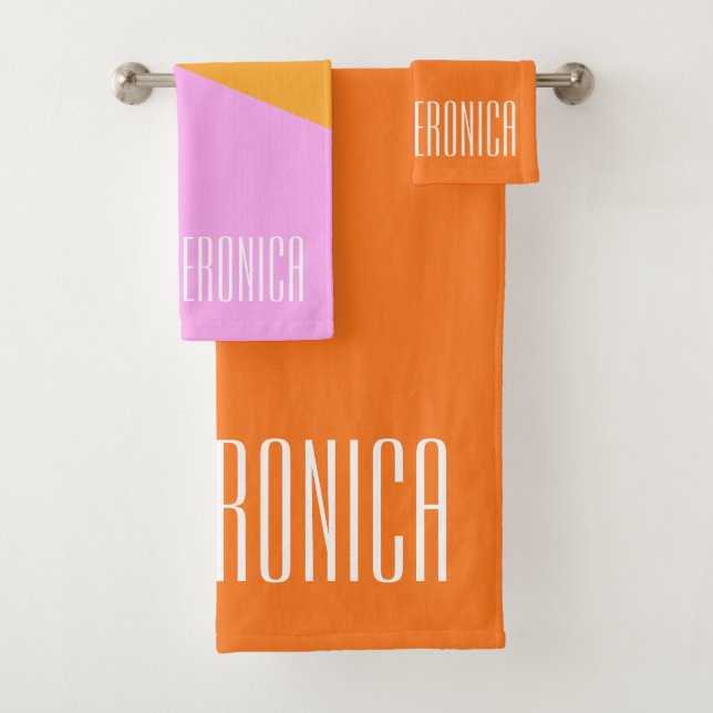 Personalised Name Pink Orange Yellow Geometric Bath Towel Set (Insitu)