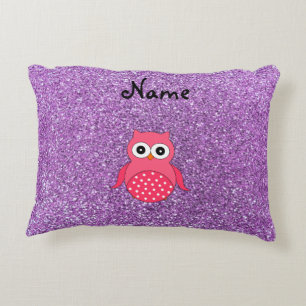Personalised name pink owl light purple glitter decorative cushion