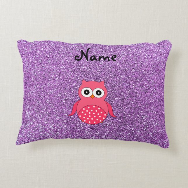 Personalised name pink owl light purple glitter decorative cushion (Back)