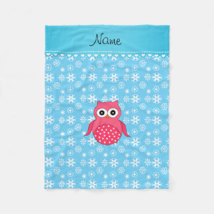 Personalised name pink owl pastel blue snowflakes fleece blanket