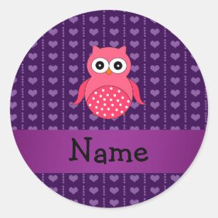 Personalised name pink owl purple hearts classic round sticker