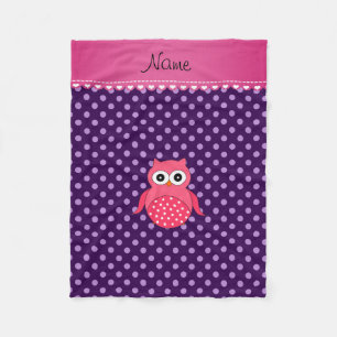 Personalised name pink owl purple polka dots fleece blanket