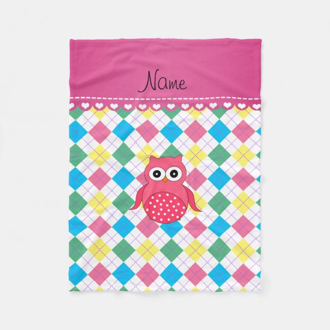 Personalised name pink owl rainbow argyle fleece blanket (Front)