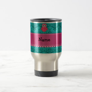 Personalised name pink owl turquoise damask travel mug