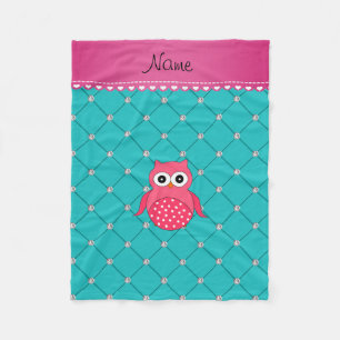 Personalised name pink owl turquoise tuft diamonds fleece blanket