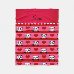 Personalised name pink panda red heart stripes fleece blanket