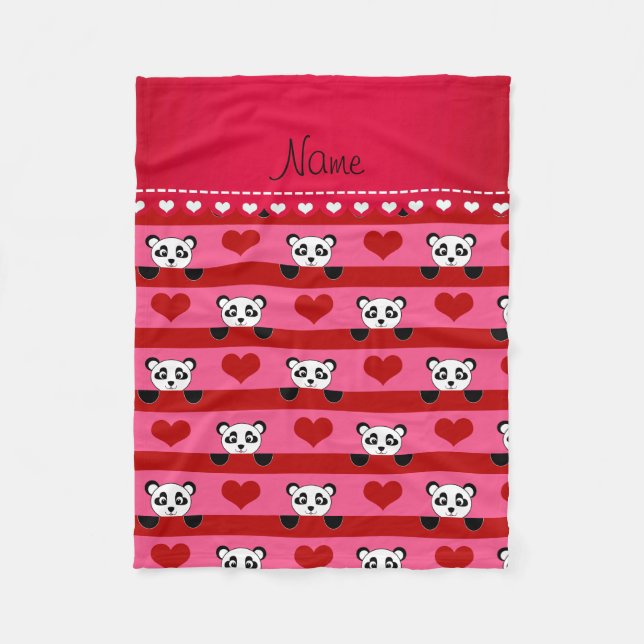 Personalised name pink panda red heart stripes fleece blanket (Front)