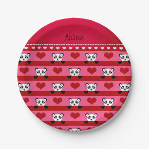 Personalised name pink panda red heart stripes paper plate