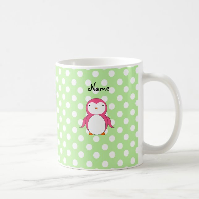 Personalised name pink penguin green polka dots coffee mug (Right)