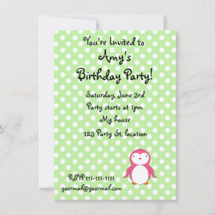Personalised name pink penguin green polka dots invitation