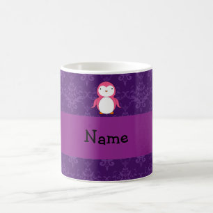 Personalised name pink penguin purple damask coffee mug