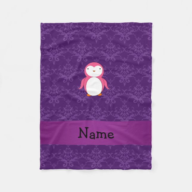 Personalised name pink penguin purple damask fleece blanket (Front)