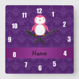 Personalised name pink penguin purple damask square wall clock