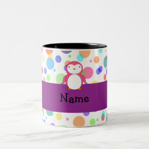 Personalised name pink penguin rainbow polka dots Two-Tone coffee mug
