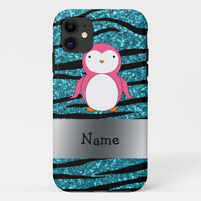 Personalised name pink penguin zebra stripes Case-Mate iPhone case (Back)