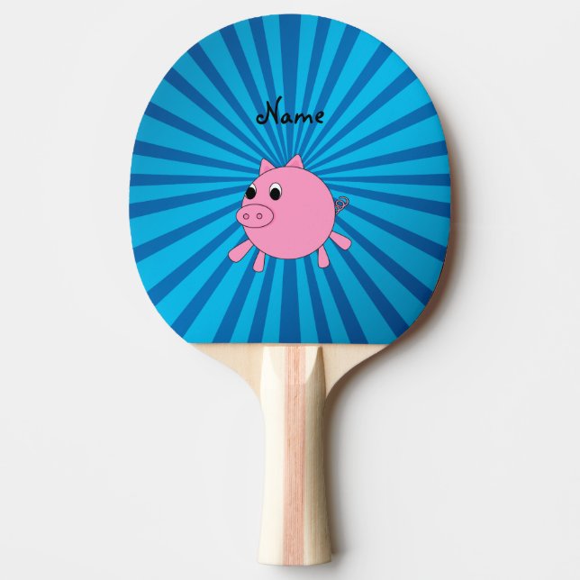 Personalised name pink pig blue sunburst ping pong paddle (Front)