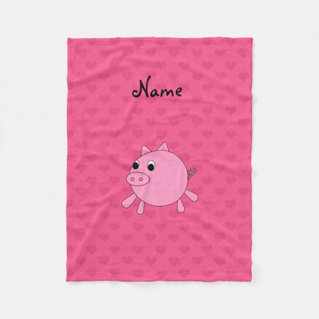 Personalised name pink pig hearts fleece blanket (Front)