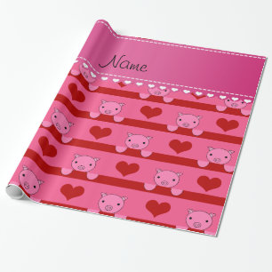 Personalised name pink pigs red hearts stripes wrapping paper