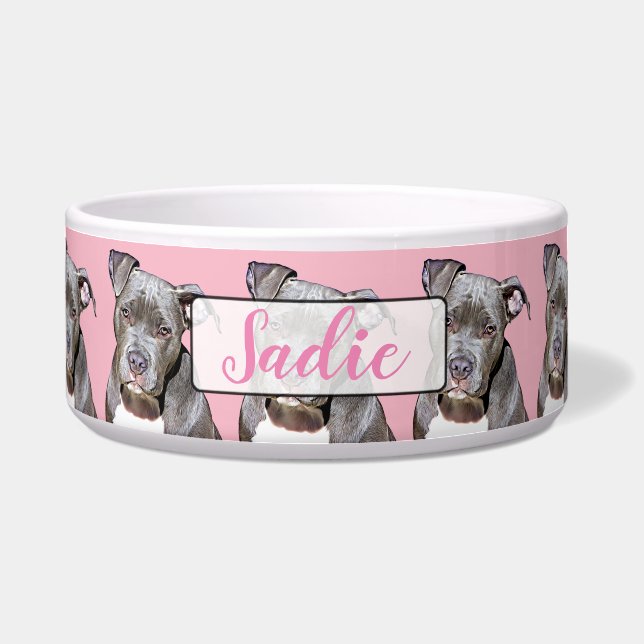 Personalised Name Pink Pit bull  Dog Bowl (Front)