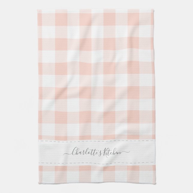 Personalised Name Pink Plaid Tea Towel (Vertical)