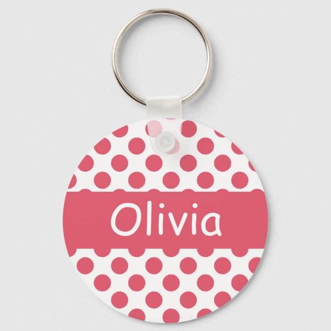 Personalised Name Pink Polka Dots Keychains (Front)