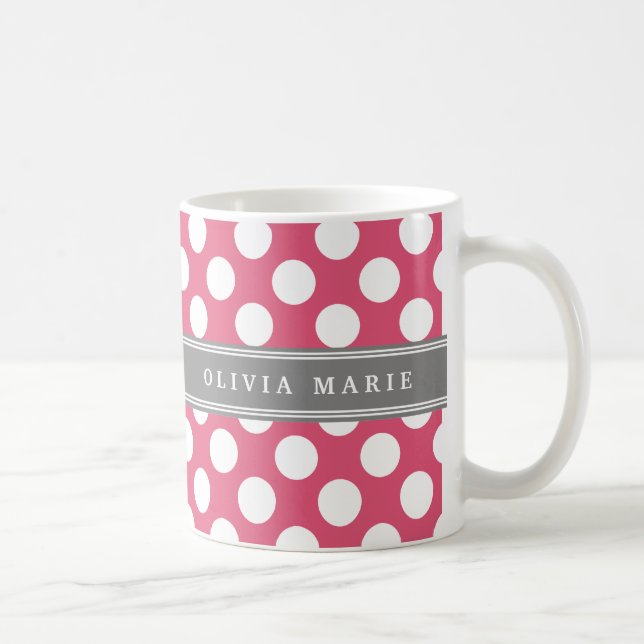 Personalised Name Pink Polka Dots Pattern Coffee Mug (Right)