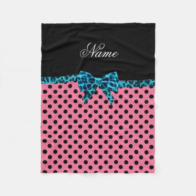 Personalised name pink polka dots turquoise bow fleece blanket (Front)