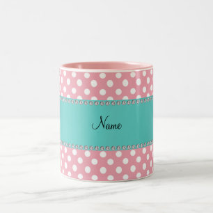 Personalised name pink polka dots turquoise stripe Two-Tone coffee mug