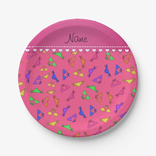 Personalised name pink rainbow bikinis paper plate (Front)