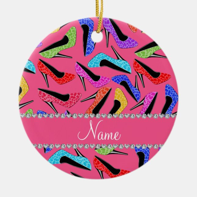 Personalised name pink rainbow leopard high heels ceramic tree decoration (Front)