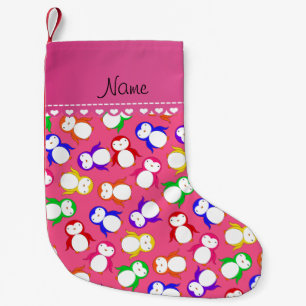 Personalised name pink rainbow penguins small christmas stocking