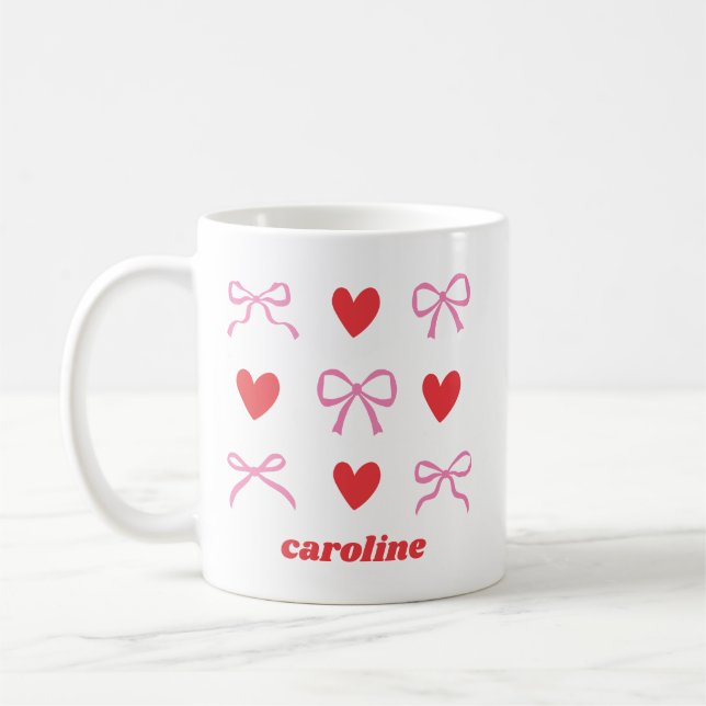 Personalised Name Pink Red Coquette Bow Heart Coffee Mug (Left)