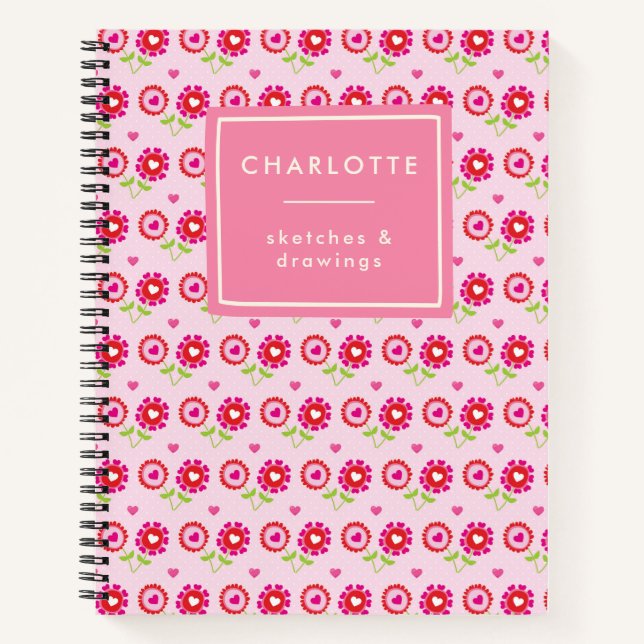 Personalised Name Pink Red Flower Hearts Fun Notebook (Front)