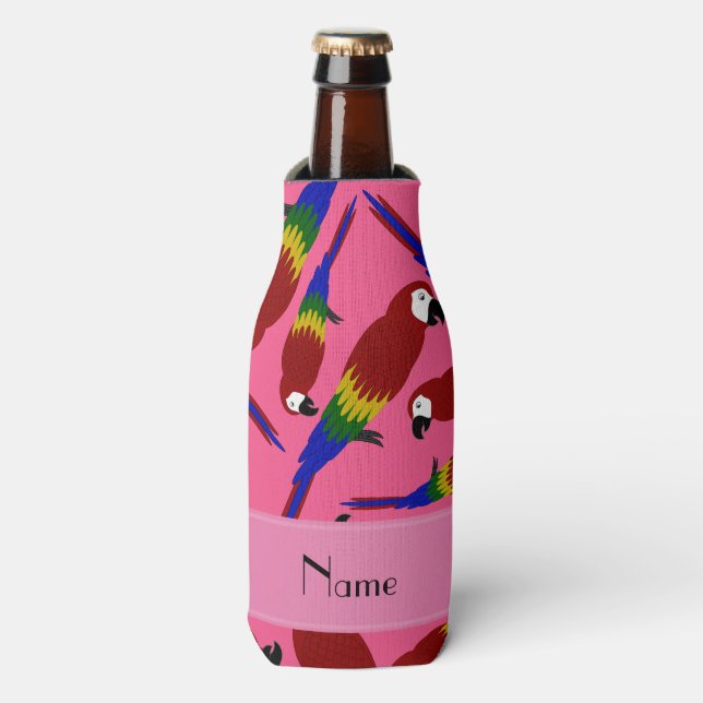Personalised name pink red parrots bottle cooler (Bottle Front)