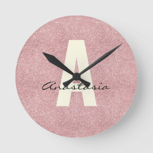 Personalised Name Pink Rosegold Glitter Round Clock