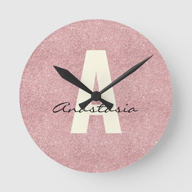 Personalised Name Pink Rosegold Glitter Round Clock (Front)