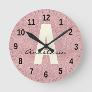 Personalised Name Pink Rosegold Glitter Round Clock