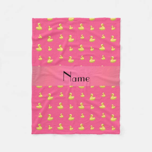 Personalised name pink rubber duck pattern fleece blanket (Front)