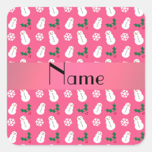 Personalised name pink snowman christmas square sticker