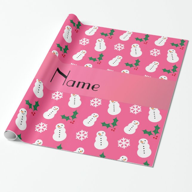 Personalised name pink snowman christmas wrapping paper (Unrolled)