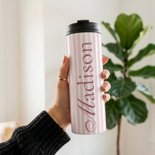 Personalised Name Pink Striped Teacher Nurse Mum Thermal Tumbler