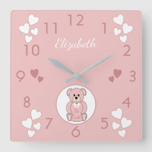 Personalised name Pink Teddy Bear baby Square Wall Clock