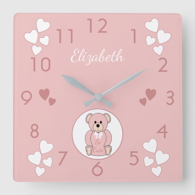 Personalised name Pink Teddy Bear baby Square Wall Clock (Front)