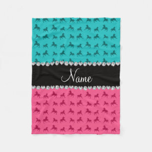 Personalised name pink turquoise horse pattern fleece blanket