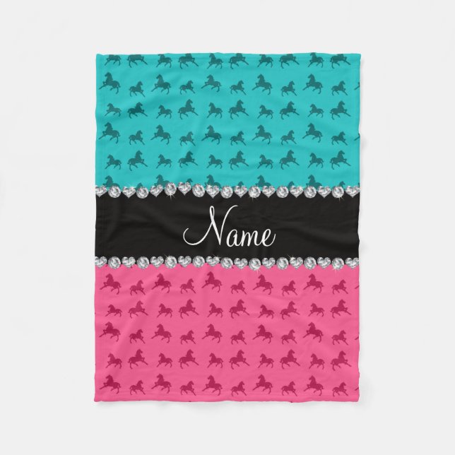 Personalised name pink turquoise horse pattern fleece blanket (Front)
