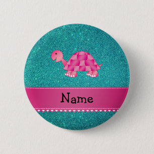 Personalised name pink turtle turquoise glitter 6 cm round badge