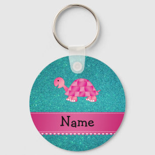 Personalised name pink turtle turquoise glitter key ring